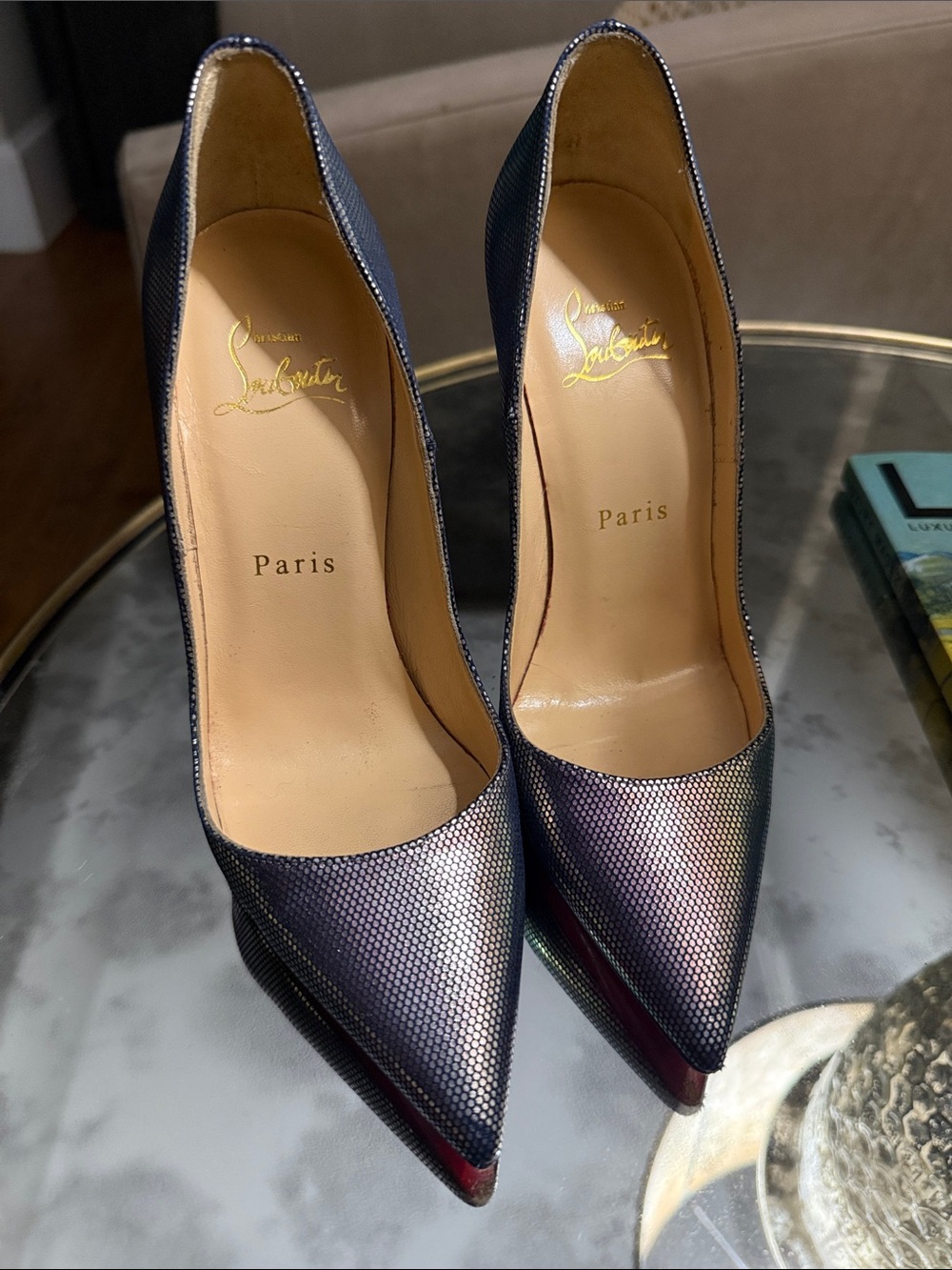 Christian Louboutin Iridescent Navy Pointed-Toe Pumps